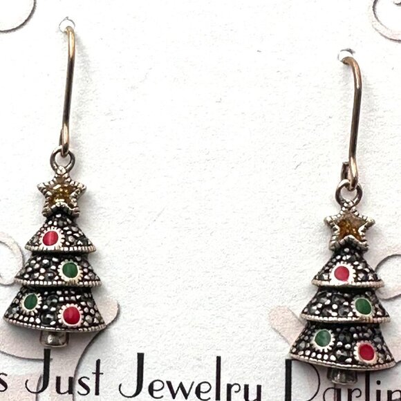 Womans Earrings Sterling Silver Marcasite Red Green Christmas Tree Holiday Gift - Picture 2 of 3